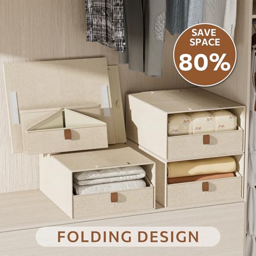 4-Pack Storage Bins with Drawers Large Closet Organizers and Storage Stackable Fabric Clothes Storage Box Collapsible Closet Drawers Organizer for Bedroom Living Room Under Bed (Beige, 21L*4) - color: Beige