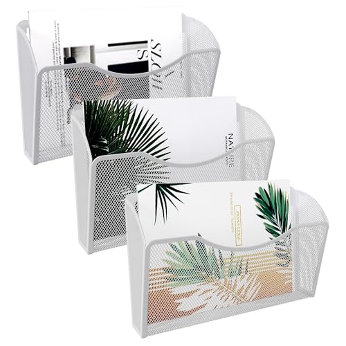 EasyPAG 3 Pack Wall File Organizer, Metal Mesh Hanging File Folder Holder for Letter/A4 Size Folders, Vertical Wall Mount Mail Sorter for Office Paperwork, Classroom, White - color: White