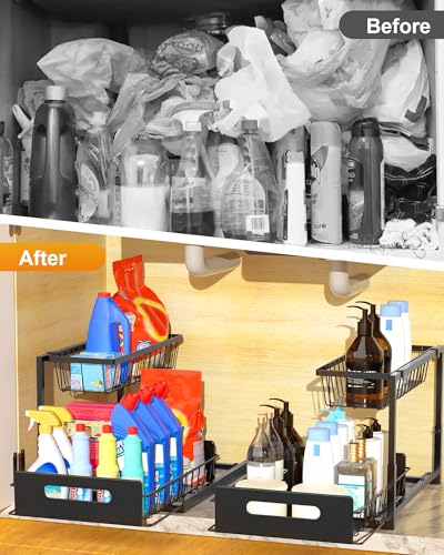 Mythinglogic Metal Under Sink Organizer and Storage, 2 Tier Under Sink Organizer, Pull Out Under Cabinet Organizer Shelf for Kitchen Bathroom and Laundry Room