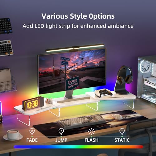 AFOOYO LED Dual Monitor Stand Riser for 2 Monitors,Office Desktop Wooden Stand Adjustable Length and Angle 3 Shelf,Extra Long Multifunctional Stand up to 39.3" for Computer,Laptop,TV,White - color: White, size: MIDDLE SLOT