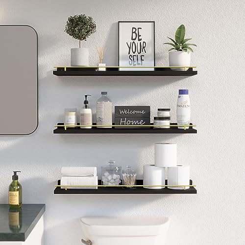 WOPITUES Floating Shelves 24 inch with Gold Metal Guardrail, Shelves for Wall Decor Set of 3, Wall Shelves for Bedroom, Bathroom, Kitchen, Living Room, Plants, Picture Frames, Art- Black and Gold - color: Black and Gold, size: 23.6 inch