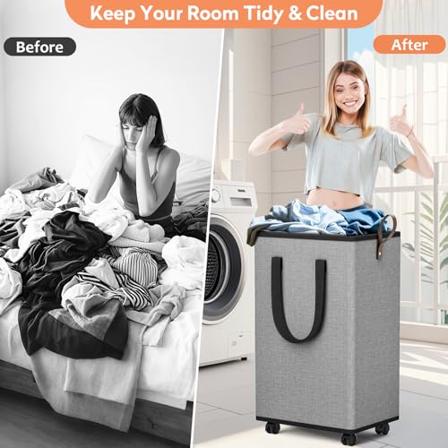 SpaceTrove Laundry Basket with Wheels, Collapsible Laundry Baskets, Laundry Hamper with Handles Detachable Wheels, Rolling Laundry Basket, Dirty Clothes Hamper for Bathroom, Dorm, Bedroom, Grey, 100L - color: Grey, size: 100L