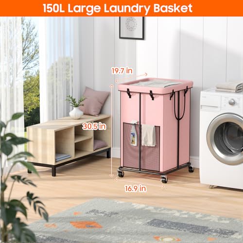 150L Laundry Hamper with Wheels, Rolling Laundry Basket with Metal Frame and Removable Bag, Large & Tall Dirty Clothes Hampers for Bedroom Aesthetic, Laundry Room, Bathroom, Dorm-Pink - color: Pink, size: 40GAL