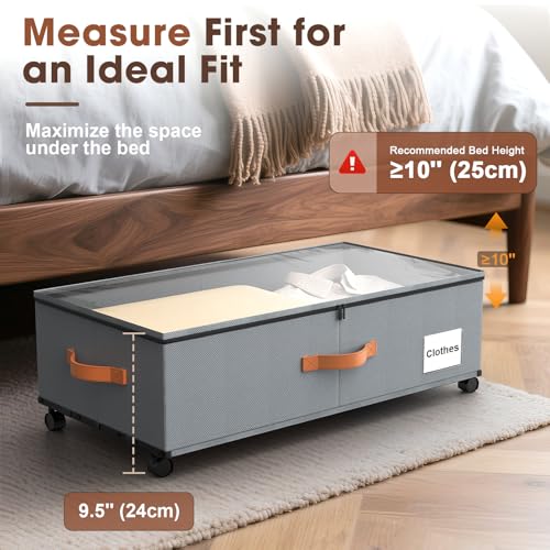 Eastherry Under Bed Storage Containers with Wheels, 9.5 inches Higher Underbed Shoes Blankets Clothes Toy Storage Drawers for College Dorms Bedrooms Nursery Rooms Organization, 2 Pack to be Assembled - color: Grey