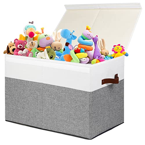 Gowee Large Toy Storage Box with Lid, Sturdy Toys Storage Chest Bin Organizer Basket with Dividers for Kids, Boys, Girls, Nursery, Closet, Bedroom, Playroom 25"x13" x16" (Grey and White) - color: Grey and White, size: 25"x13" x16"