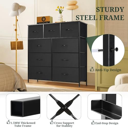 9-Drawer Dresser for Bedroom, Anti-Tip Tall Storage Organizer Chest of Drawers with Wooden Top and Metal Frame Fabric Bins for Closet, Living Room, Hallway, Entryway, Black - color: Black, size: 11.8"D x 39.4"W x 40"H (9 Drawers)