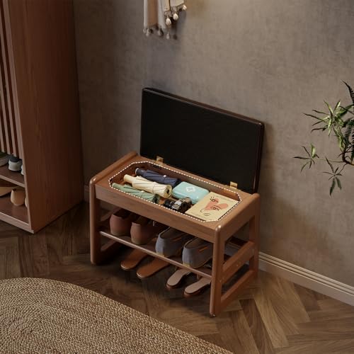 AQIMUELE Shoe Rack Bench,2 Tiers Shoe Bench with Storage with Flip-Top,Wood Shoe Rack for Entryway,Hallway（Dark Walnut Upholstered Seat,11.8" D x 23.62" W x 15.7" H） - color: Dark Walnut Upholstered Seat, size: 11.8"D x 23.62"W x 15.7"H