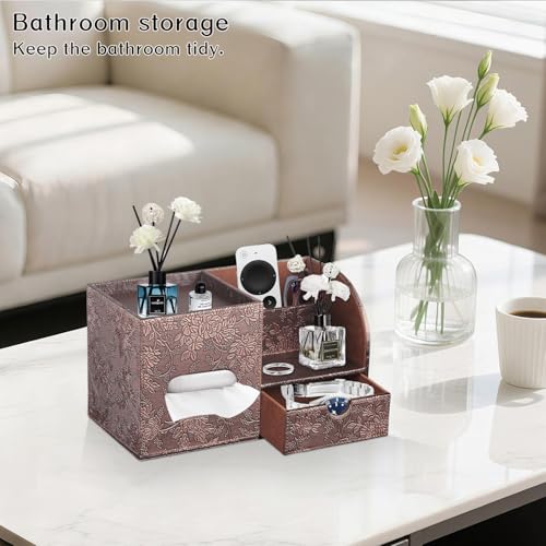 Square Tissue Box Cover with Drawer Storage and Tray on Top, PU Leather Tissues Cube Boxes Holder, Modern Nightstand Organizer Caddy, Remote Control Holder for Bathroom, Bedside, Office, Home - color: Archaize