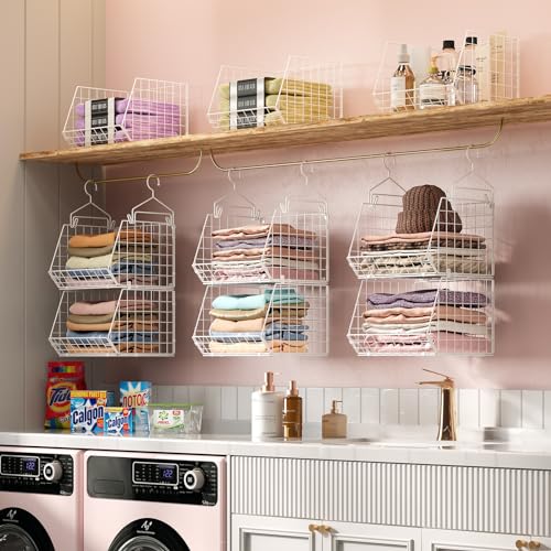 X-cosrack 6 Tier Closet Hanging Organizer, Clothes Hanging Shelves with 4 Hanging Hooks 5 S Hooks, Wire Storage Basket Bins, for Clothing Sweaters Shoes Handbags Clutches Accessories Patent