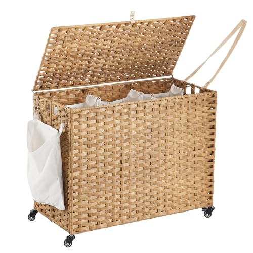 Laundry Hamper with Wheels, 52.8 Gallon(200L) Rolling Laundry Basket with Lid, 3-Section Rattan Clothes Hamper with 3 Removable Liner & 3 Mesh Bags, Laundry Sorter with Side Pocket, Natural - color: Natural, size: 200L（31.5 x 15.75 x 25.6 Inches）