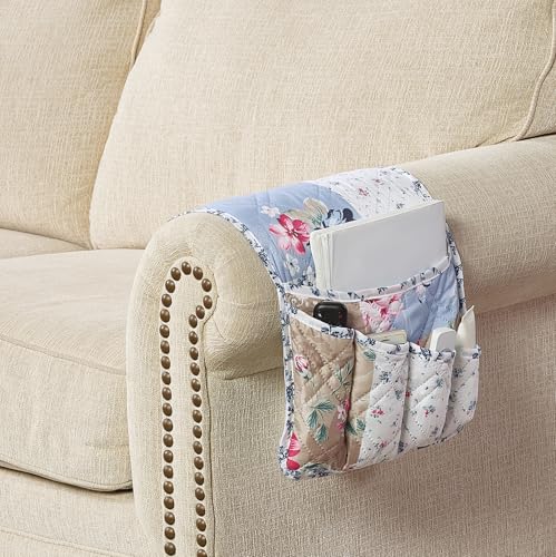 Brilliant Sunshine Pink and Blue Roses Toile Couch Armrest 5 Pockets Organizer, Slip Resistant Armchair Caddy, Washable Remote Controls Holder, Storage for Magazine, Phone, iPad, 35×13", Blue Natural - color: Blue Natural