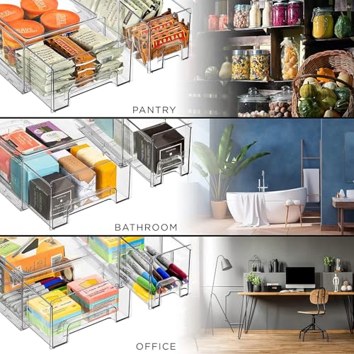 Sorbus Small Wide Clear Stackable Storage Drawers – 4-Pack Plastic Organizer Bins with Handles – Stackable Pull-Out Storage Drawers for Closet, Pantry, Office, Bathroom, Craft, and Toy Organization - color: 4 Pack, size: Small Wide