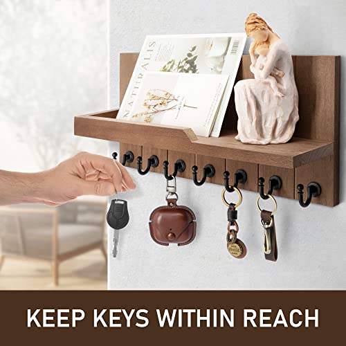 Rebee Vision Key Holder for Wall - Farmhouse Rustic Mail Organizer Floating Shelf for Home Kitchen Entryway Decor with 7 Sturdy Key Hooks (Retro Brown,15-inch) - color: Brown, size: 15-inch