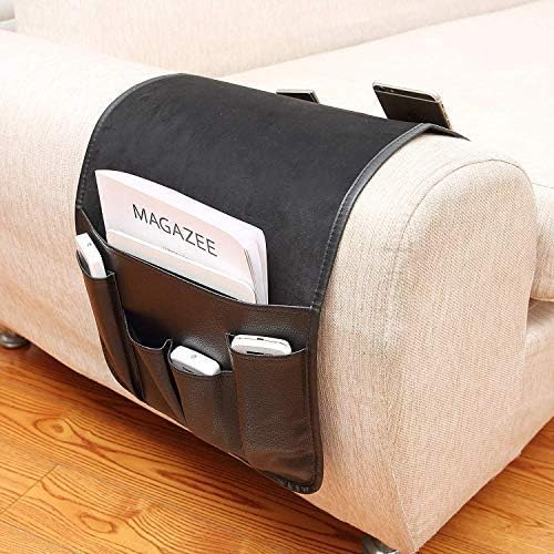 IPENNY No-slip Leather Sofa Couch Remote Control Holder Chair Armrest Caddy Pocket Organizer Storage Bag for Cellphone Tablet Notepad Book Magazines DVD Eyewears Drinker Snacks Holder Pouch - color: Black (Leather + Suede fabric)