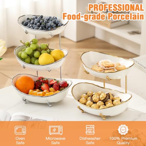 2 Tier Ceramic Fruit Bowl for Kitchen Counter, Tiered Fruit Basket for Countertop, Modern Multi Layer Fruit Display Stand for Party, Cute (Gold-rimmed, Small) - color: Gold-rimmed, size: Small