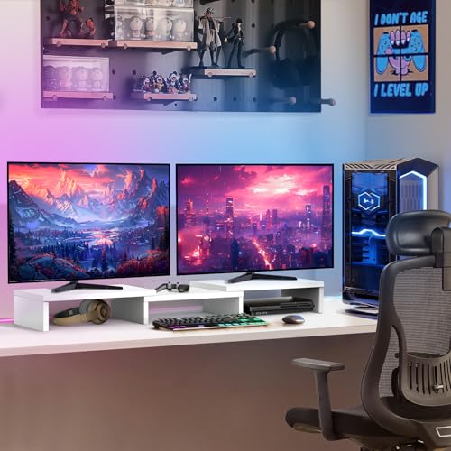 TAVR Furniture Dual Monitor Stand Riser, Computer Monitor Stands for 2 Monitors, Extra Long Multifunctional Desktop Organizer Riser for Computer, Laptop, PC, Printer, TV, Max 43.3" Length, White - color: White