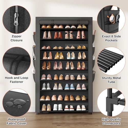 Shoe Rack with Cover, 10 Tier Shoe Organizer Storage for 40-50 Pairs Sneaker and Boots, Large Capacity, with 8 Pockets, Free Standing Tall Shoe Rack for Front Door Entrance, Closet - color: Black