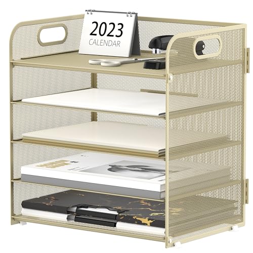 Supeasy 5 Trays Paper Organizer Letter Tray with Handle-Mesh Desk File Organizer,Pink Paper Sorter Desk Organizer for Office, Home or School (Gold Yellow) - color: Gold Yello