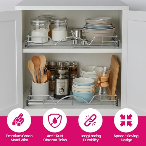 HOLDN’ STORAGE Pull Out Cabinet Organizer, Heavy Duty Caddy w/Lifetime Limited Warranty -26”W x 21”D - Requires At Least 27-1/4” Cabinet Opening, Steel Metal Cabinet Drawers Slide Out, Chrome - size: 26"W x 21"D