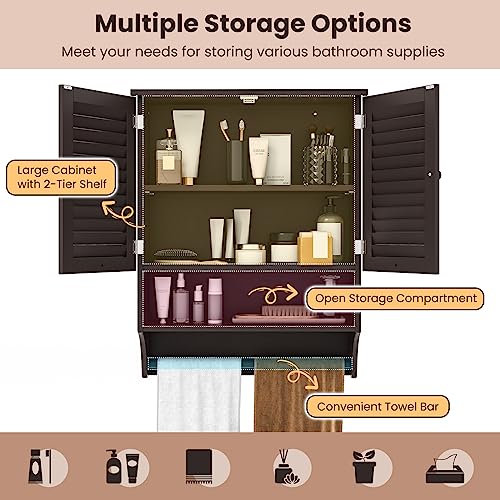 Tangkula Wall Mounted Bathroom Cabinet w/Open Shelf & Bar, Medicine Cabinet w/Double Louvered Doors, Adjustable Shelf, Wall Storage Cabinet for Bathroom Living Room Kitchen (Espresso) - color: Espresso
