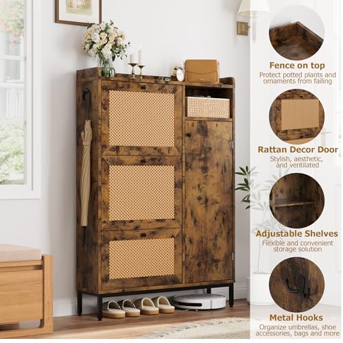 GarveeHome Shoe Cabinet Rattan with 3 Flip Drawers and 4-Tier Shoe Storage Cabinet, Freestanding Shoe Organizer with Adjustable Shelves for Entryway, Closet, Hallway (Brown) - color: Brown, size: 3-Drawers + 1-Door