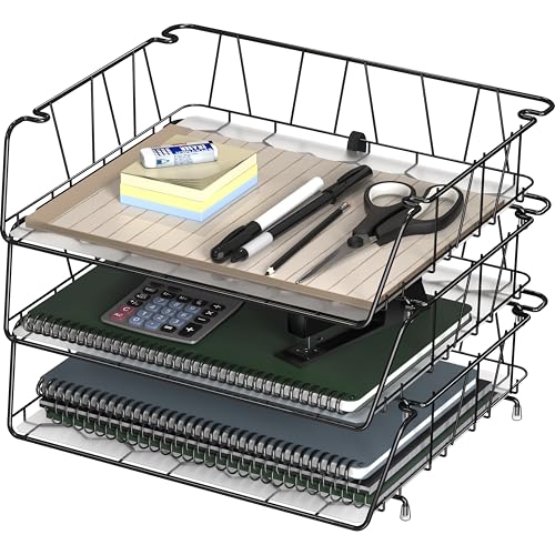 Simple Houseware Stackable Wide Entry Desk File Document Letter Tray with Liner, Wire Grid, 3 Packs, Black - color: Black, size: Wide Entry