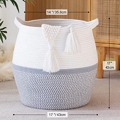 KAKAMAY Woven Baskets for Storage(17"x17"),Large Cotton Rope Woven Baby Laundry Hamper,Collapsible Laundry Basket, Blanket Basket for Organizing Living Room,Nursery,Pillows,Toy Chest(Grey) - color: Grey