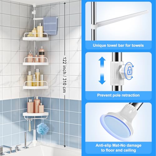 HAMITOR Corner Shower Caddy Tension Pole: Adjustable Stainless Steel Shower Organizer with 4 Tier Shelf for Bathroom Bathtub Tub Shampoo - Floor Standing Rack Bath Storage Holder with Rust Proof Rods - color: Silver