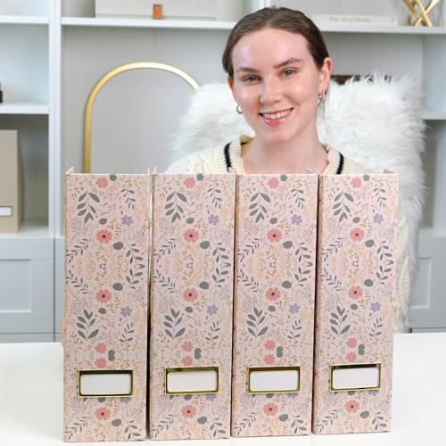 BLU MONACO | Cardboard Magazine File Holder Set of 4 | Standing File Holder with Floral Boho Design | Foldable Cardboard Bins for Shelves Desk Office Storage - color: Floral BOHO