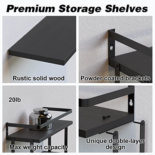 RICHER HOUSE 2+1 Tier Wall Mounted Floating Shelves Set of 2, Rustic Wood Wall Shelf with Metal Frame, Extra Storage Rack for Bathroom, Kitchen, Bedroom with Tissue Rack & Towel Bar - Black - color: Black, size: 2+1 Tier Size