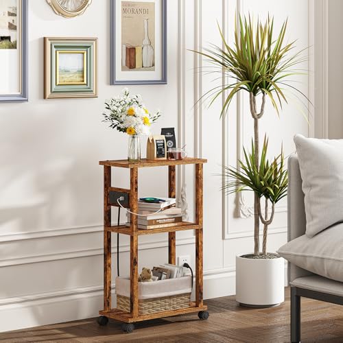 TUTOTAK Small Narrow Side Table with Charging Station, Skinny End Table for Small Spaces, Slim Nightstand with USB Ports and Outlet, Sofa Beside Table with Wheels, Rustic Brown TB01BB046C - color: Rustic Brown, size: 1 PC, style: With Plug