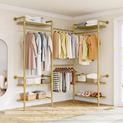ONBRILL L3 Wall Mounted Industrial Pipe Closet System, Corner Closet Organizers with 4 Telescopic Rods & 6 Shelves, Heavy Duty Clothing Clothes Rack in Wardrobe Closet (Gold) - color: Gold