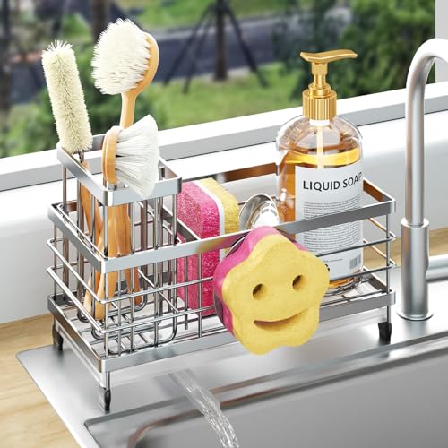 HapiRm Sponge Holder for Kitchen Sink - Self-draining Sink Caddy with Smiley Face and Brush Holder, Stainless Steel Kitchen Organizer for Countertop - Silver - color: Silver, size: with Smiley Face Sponge Holder（single）