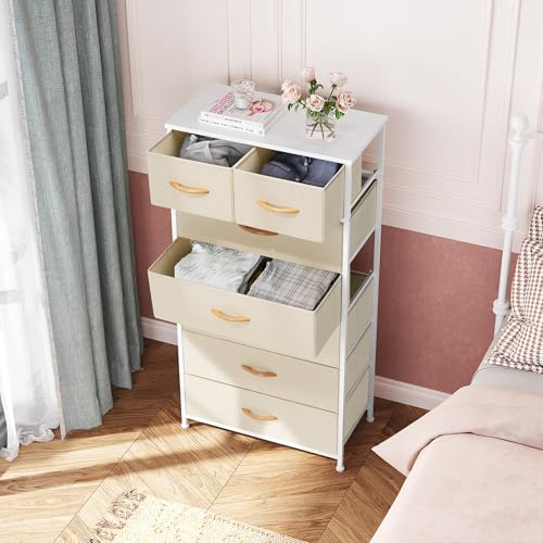 Crestlive Products Vertical Dresser Storage Tower - Sturdy Steel Frame, Wood Top, Easy Pull Fabric Bins, Wood Handles - Organizer Unit for Bedroom, Hallway, Entryway, Closets - 7 Drawers (Beige) - color: Beige, style: 7 Drawers