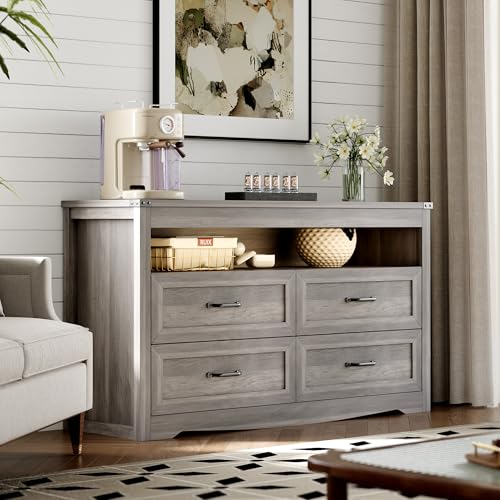 Dresser for Bedroom with 4 Drawers, Farmhouse Chest of Drawers with Natural Texture and LED Lights, Wide Wood Rustic Closet Storage Organizer, Modern Dresser TV Stand for Living Room, Entryway, Grey - color: Grey, size: 13.8"D x 47.2"W x 29.5"H (4 Drawers