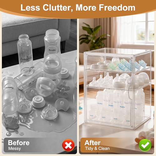 ERTIUANIO Baby Bottle Organizer – 3 Tier Acrylic Bottle Storage Organizer container, Clear Plastic Bottle Station Organizers Drawers for Countertop Kitchen Cabinet Vanity, Bathroom, Gifts for New Mom - size: Large, style: 3-Tier Single-Door