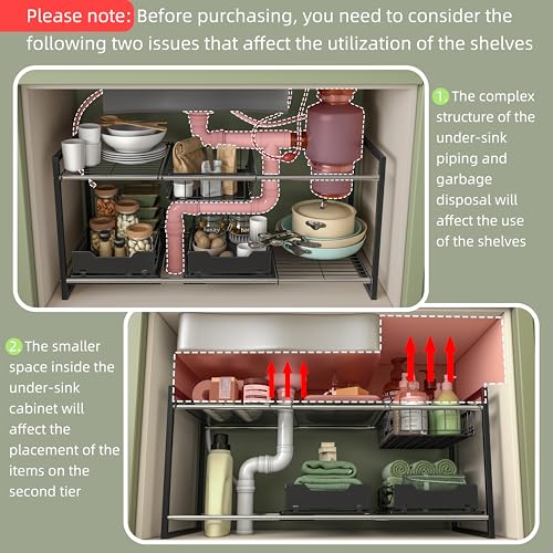 NETEL Under Sink Organizers and Storage,Kitchen Cabinet Organizer,2 Tier Under Sink Expandable Shelves，Bathroom Cabinet Organizer with Pull Out Drawers,(30.9-31.64)" W x 14.69" D x 15.83" H,Black - size: Multi-functional with 2 pull out baskets