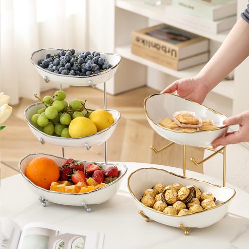 2 Tier Ceramic Fruit Bowl for Kitchen Counter, Tiered Fruit Basket for Countertop, Modern Multi Layer Fruit Display Stand for Party, Cute (Silver-rimmed, Small) - color: Silver-rimmed, size: Small