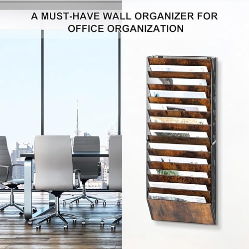 TQVAI 12-Pocket Hanging Wall File Organizer - Metal Folding Wall Mounted Mail Document Holder, Multi-Purpose Clipboard Storage Rack for Office, Homeschool, Classroom Organization, Black/Vintage - size: 12 Pockets