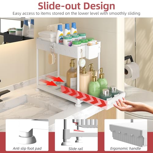Sevenblue Under Sink Organizer, Bathroom Organizers and Storage, 2 Tier Multi-Use Pull Out Cabinet Organizer with Hang Hooks and Cups (White, 4 Pack) - color: White, size: 12.8 Inch