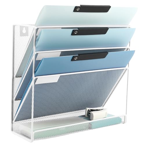 EASEPRES Desk File Organizer Mesh 4-Tier, Hanging Wall Mount Document Organization Stand, Desktop Vertical Mail Paper Folder Holder Rack with Bottom Tray for Office Home Cubicle Countertop, White - color: White, size: 4 Tier