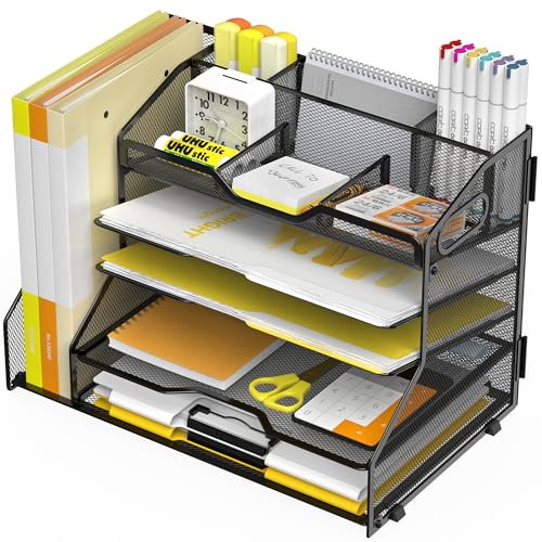 YINGHUA 5 Tier Paper Tray Letter Organizer with Top 6 Adjustable Compartments and File Holder - Paper Sorter Office Desktop Accessories with Handles for Document,Mail,School Supplies Storage,Black - color: 5 Tier With File Holder-black