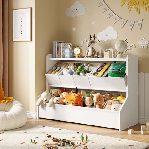 FOUCSSOMEI Toy Storage Organizer, 3-Tier Wooden Kids Toy Storage with Bookshelf, Movable Compartments, Safe and Stable Design, for Space Saving, Large Size, Patent Design - size: Large Size