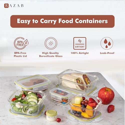 Razab 35 Pc Set Glass Food Storage Containers with Lids - Meal Prep Airtight Bento Boxes BPA-Free 100% Leak Proof (15 lids,15 glass & 5 Plastic Sauce/Dip Containers) - color: Gold