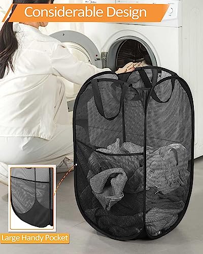 Durable Collapsible Laundry Baskets, Upgrade Foldable Pop Up Hamper for Laundry, Mesh Clothes Hamper with Side Pocket, Reinforced Carry Handles for Laundry, Bathroom, Kids Room, Dorm or Travel Black - color: Black, size: Pop Vertical
