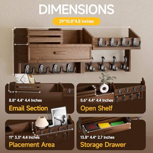 Wall Mounted Coat Rack with Shelf & Drawer, Heavy Duty Solid Wood Entryway Organizer, 29’’ Coat Rack Wall Mount with 12 Metal Hooks, Key & Mail Holder for Living Room, Bedroom