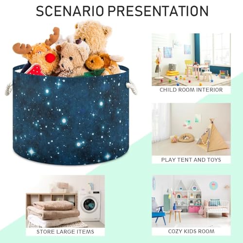 Galaxy Print Round Storage Basket Universe Starry Sky Large Laundry Hamper Space 20 x 20 x 14 Inches Organizer Bin with Cotton Rope Handles Clothes Storage Bag for Nursery Bedroom Living Room Decor - color: Navy Blue