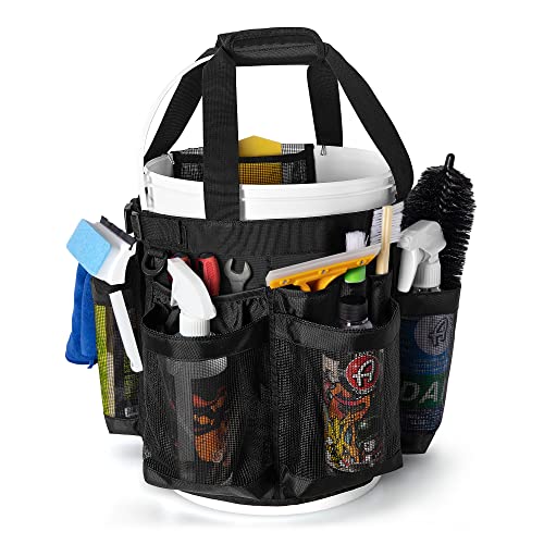 HODRANT 5 Gallon Bucket Organizer with Anti-fall Hooks & Buckle, Car Wash Bucket Caddy with Mesh Pockets, 5 Gallon Cleaning Tools Bag for Home, Auto, Garden & Fishing