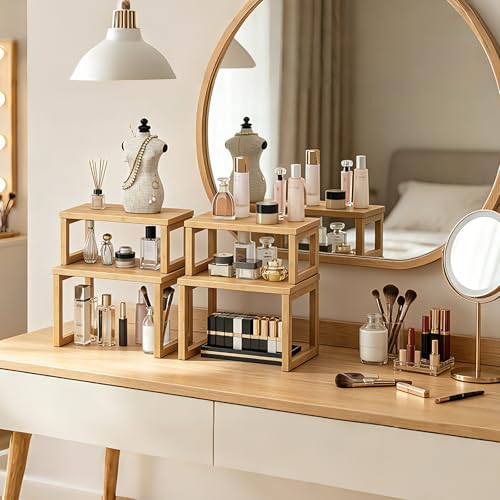 HOOBRO Cabinet Organizer Shelf, Set of 2 Kitchen Counter Shelves, Expandable Kitchen Storage, Stackable Bamboo Spice Rack, for Kitchen, Countertop, Office Desk, Living Room, Natural YL20TL01 - color: Natural
