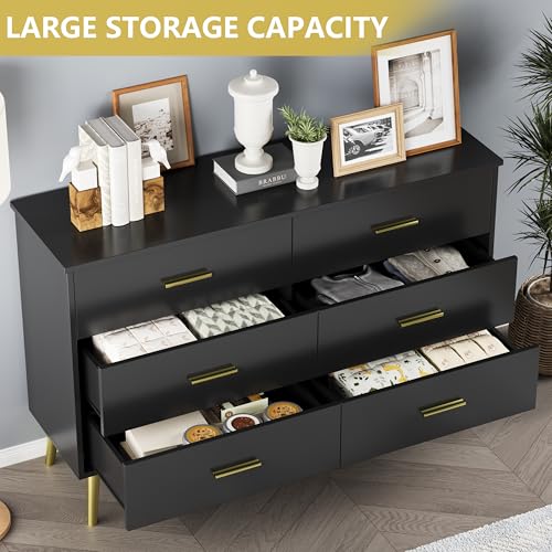 Black Dresser for Bedroom, Dressers & Chests of Drawers for Clothes Storage, Wood Dresser for Closet with 6 Drawers, Wide Long Clothes Organizer with LED Light for Hallway, Entryway, Metal Handles - color: Black